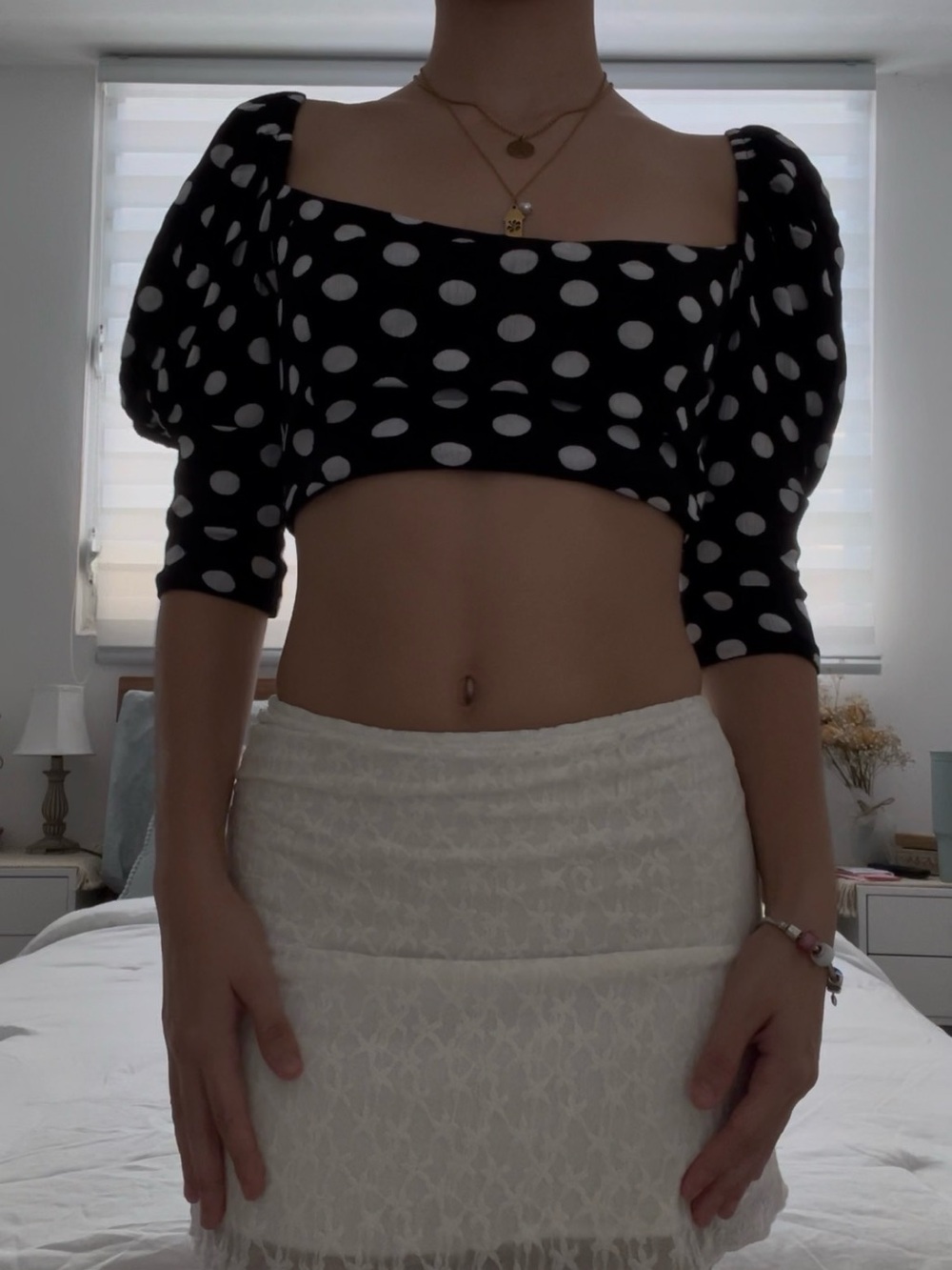 Polka Dot Puff-Sleeve Black Crop Top